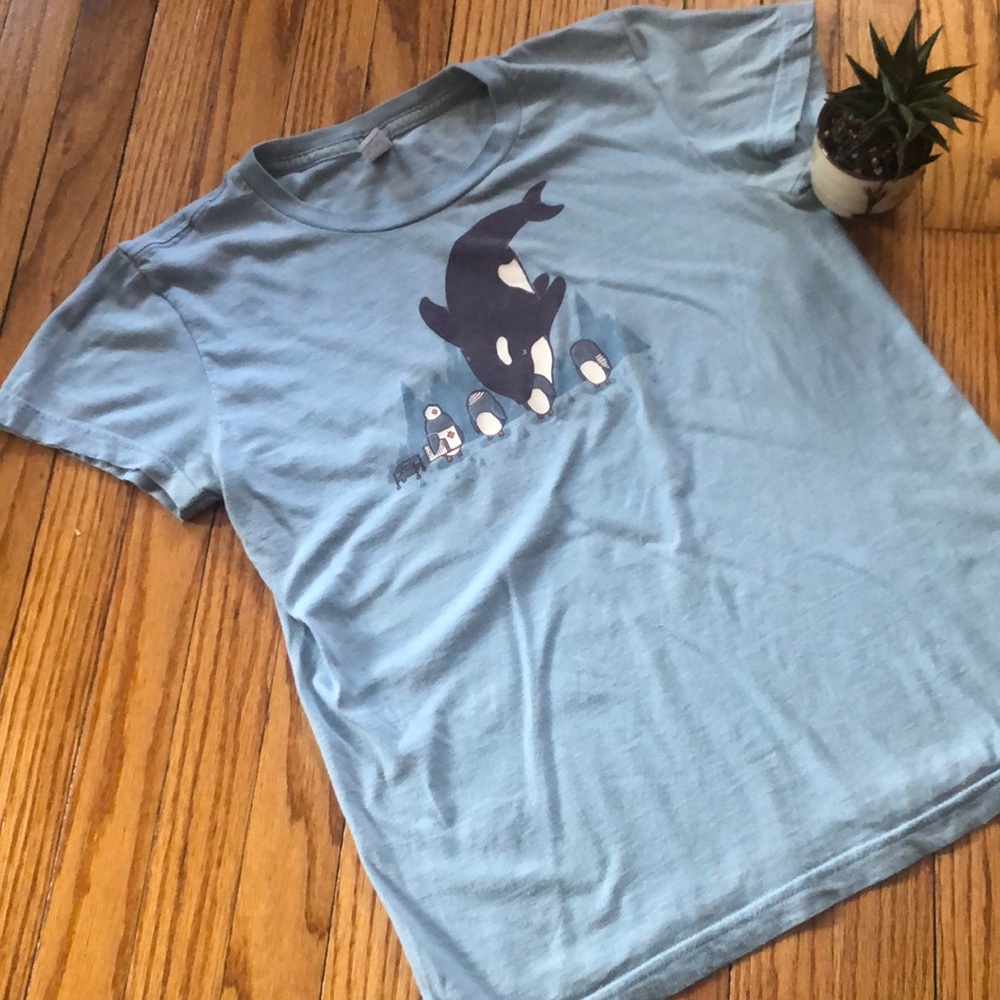 Woot.com blue t-shirt with penguins and whale
